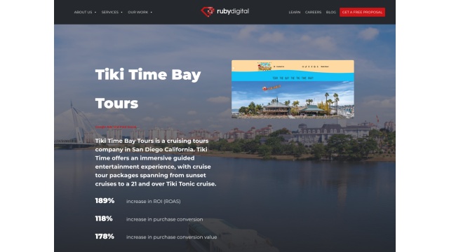 Tiki Time Bay Tours (Google Ads &amp; Paid Social) - Increased Purchase Conversion, ROI (ROAS) &amp; Purchase Conversion Value by Ruby Digital